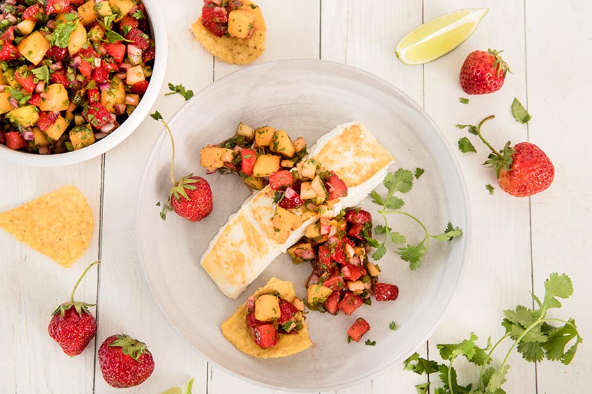 Strawberry Mango Jalapeno Salsa On Baked Halibut Oregon Strawberries